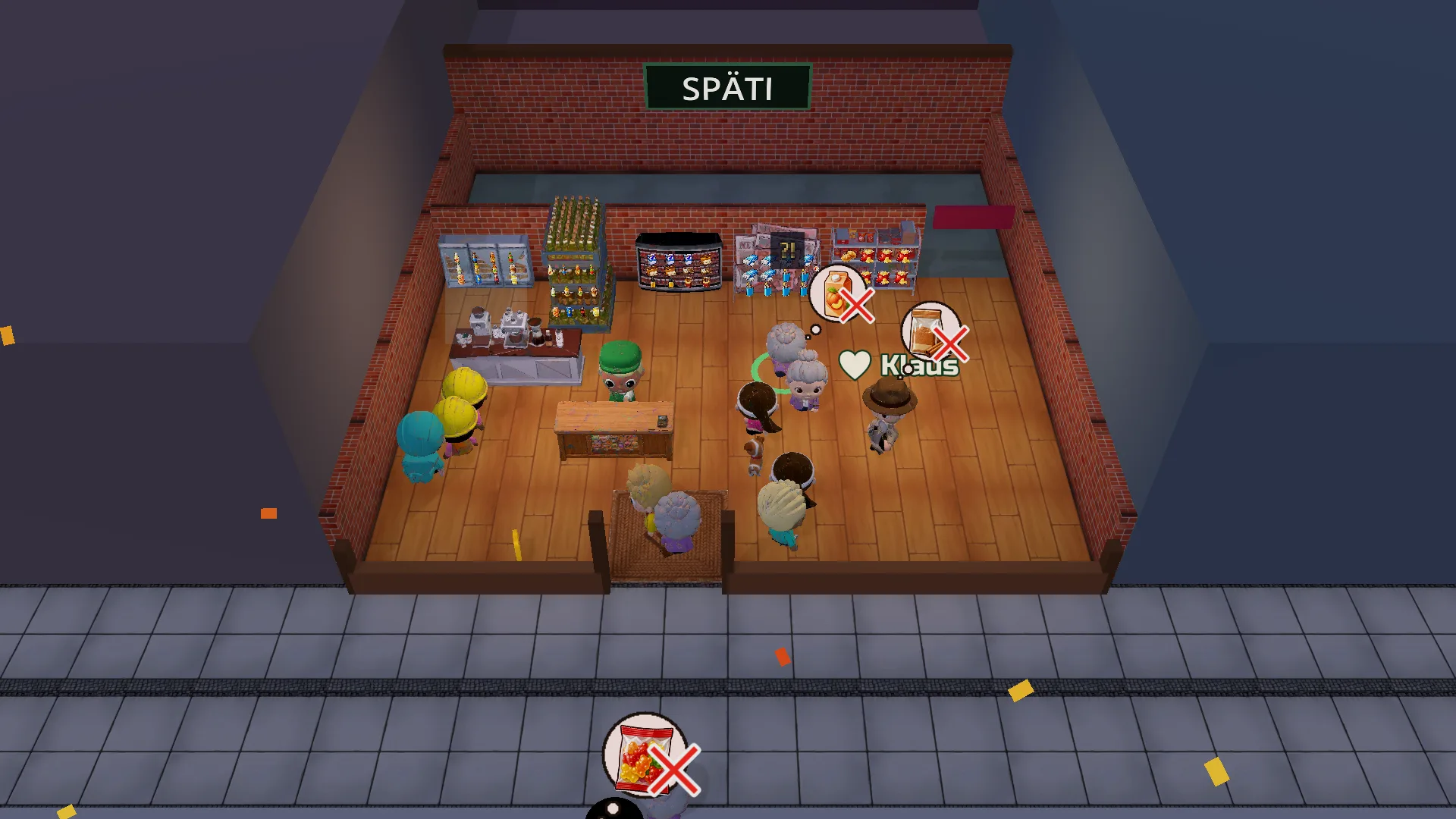 Nahaufnahme im Spiel bei Nacht: Kundschaft mit Gedankenblasen, ein Stammkunde mit Namensschild, die Kassiererin mit grüner Mütze.