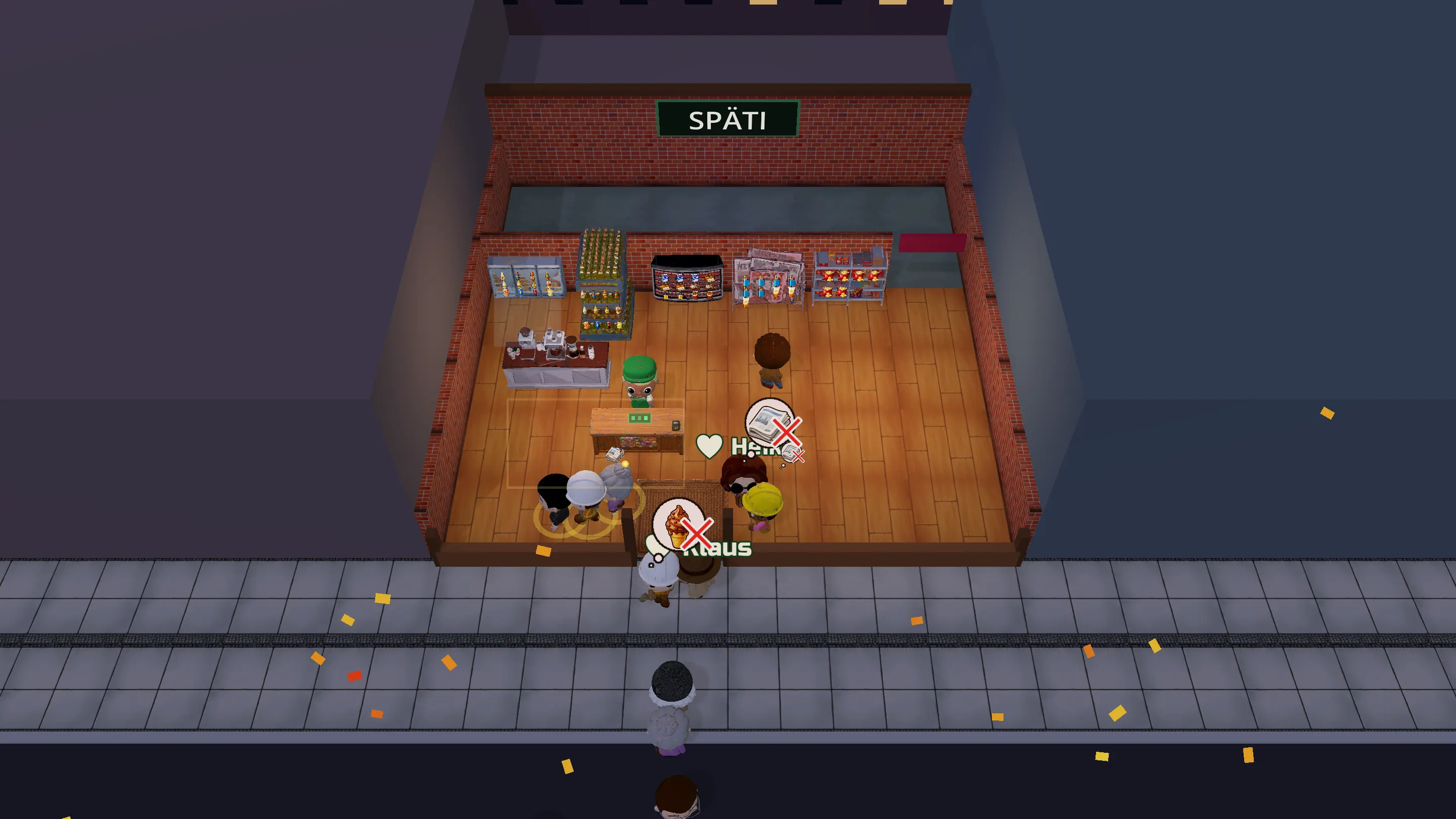 Der Späti im Spiel von schräg oben: Kühlwand, Getränkeregal, Zeitungsständer, Kasse, davor eine Schlange von Kundschaft.